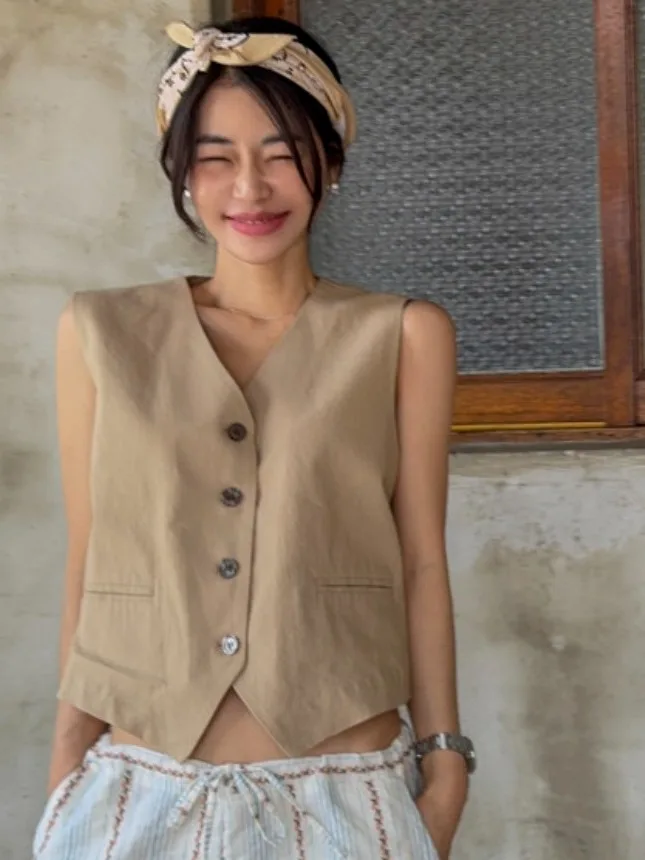 

Retro Waist-Cinching Design Suit Vest Women's Summer New Sle V-Ne Versatile Top Bal Faionable Ladies Sweater