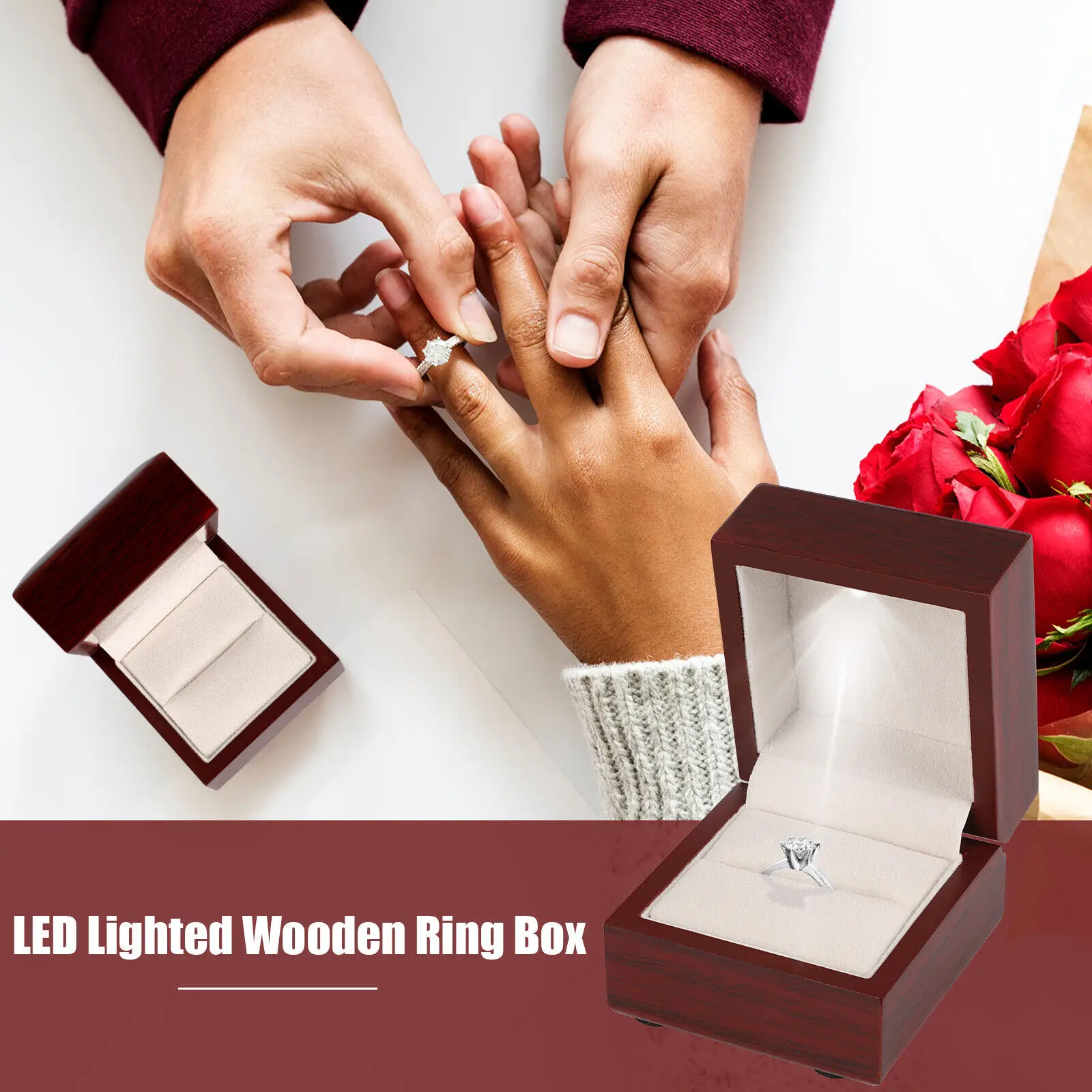 Red LED Lighted Wooden Ring Box with Velvet Interior, Compact 2.56" Jewelry Display Case for Proposal Gift