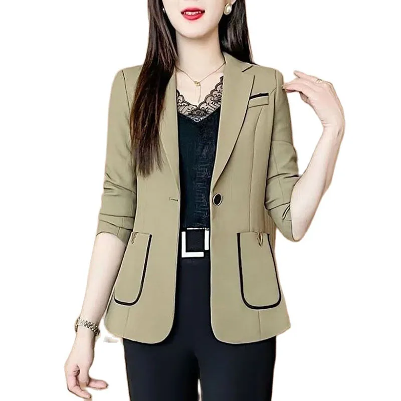 

Khaki Black Suit Jacket Women Professional Pocket Suit Jackets Spring Autumn Blazer Vintage 2023 New Fashion Elegant Coat Top