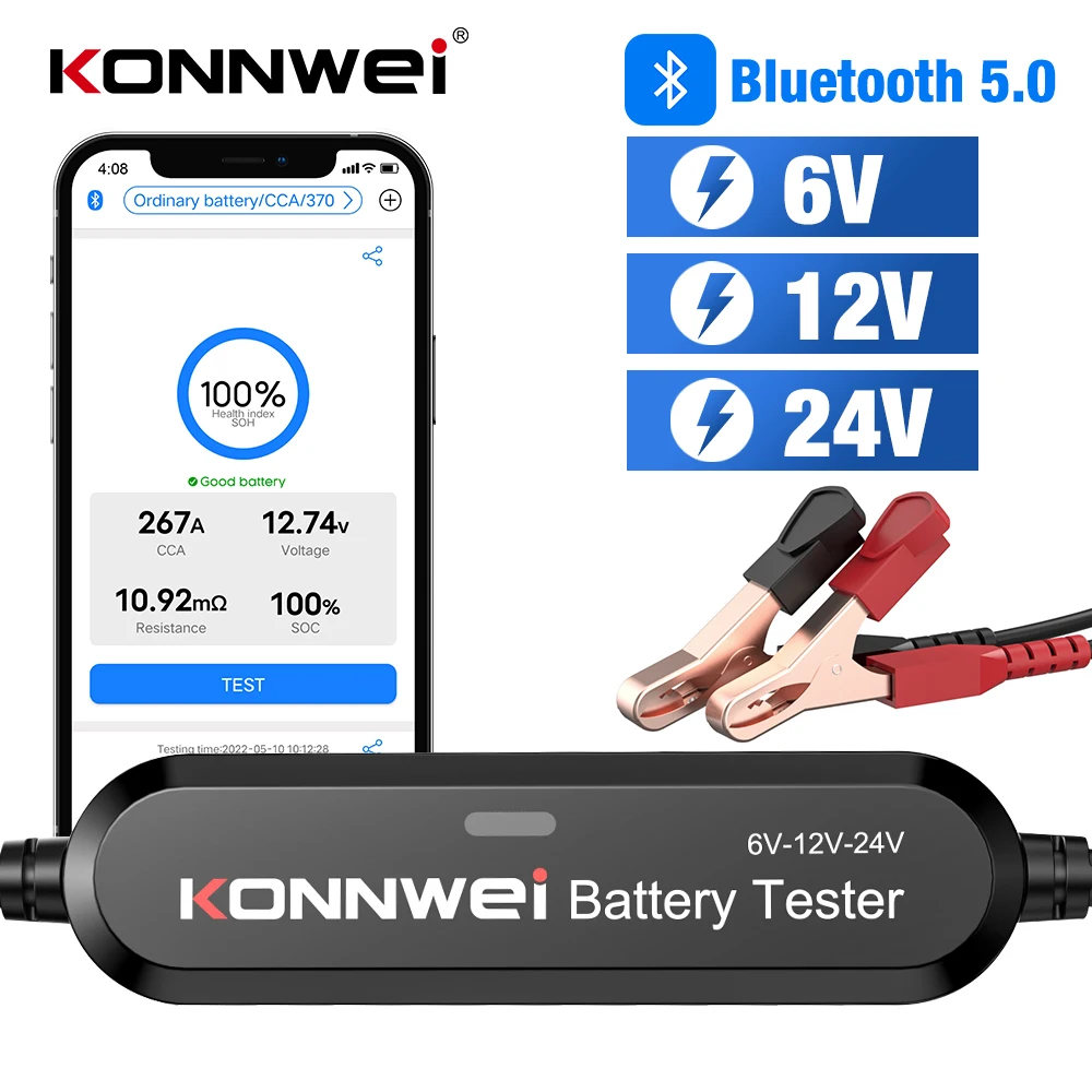 

KONNWEI BK200 Bluetooth 5.0 Car Motorcycle Truck Battery Tester 6V 12V 24V Battery Analyzer 2000 CCA Charging Cranking Test Tool