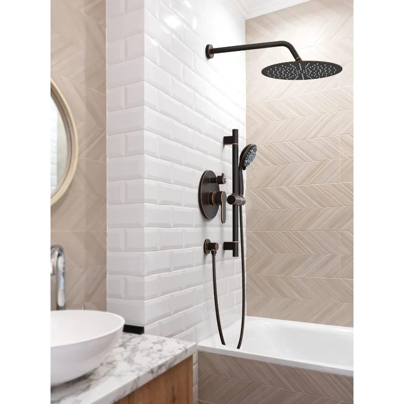 12 Inch Oil Rubbed Bronze Shower System, Wall-Mount Adjustable 16-Inch Slide Bar with 6-Function Hand Shower Faucet