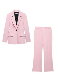 KAOPU ZA Women front flap pockets fitted blazer or high-waist flared trousers two pieces sets mujer