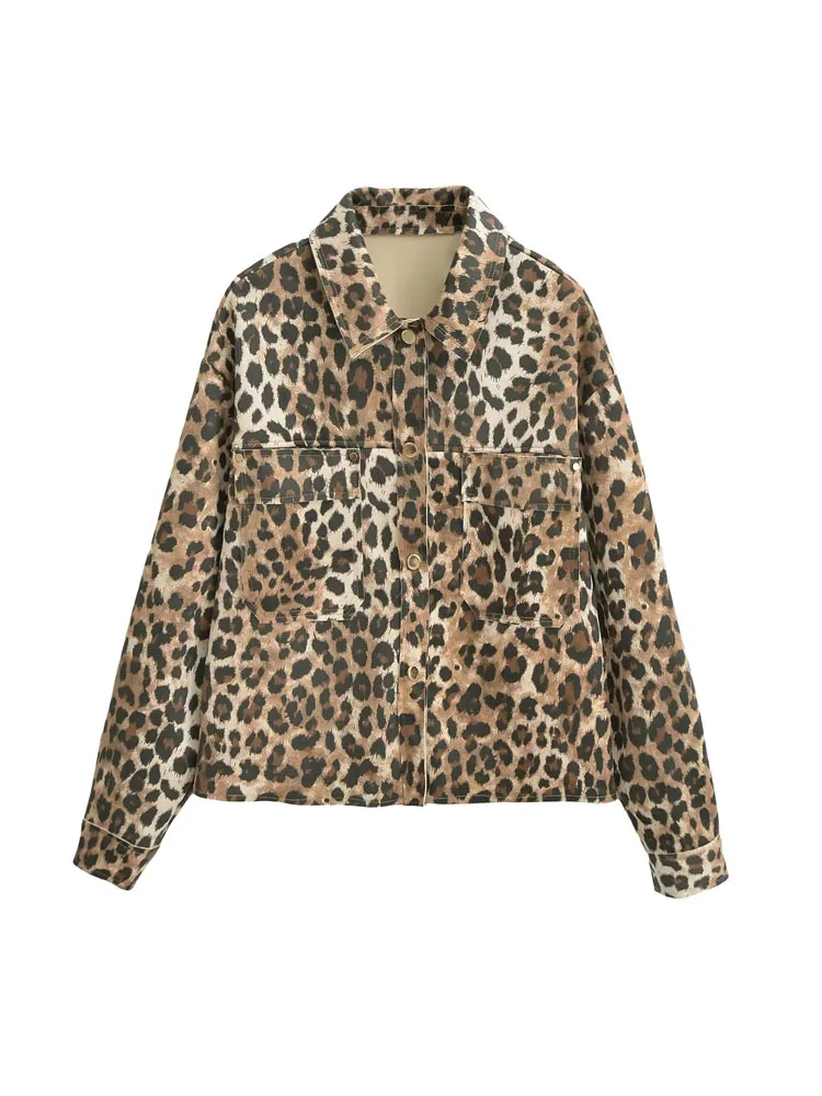 KAOPU ZA Women leopard print faux suede jacket vintage lapel collar long sleeve patch pockets female outerwear chic tops