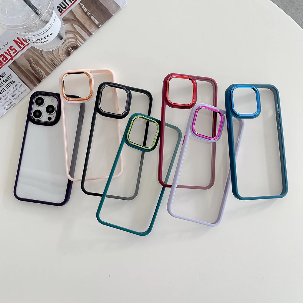 TPU Stoßstange Handy hülle für iPhone 15 14 plus 13 12 11 Pro Max Beschichtung Kunststoff knöpfe Kamera kante klare Acryl Rückseite