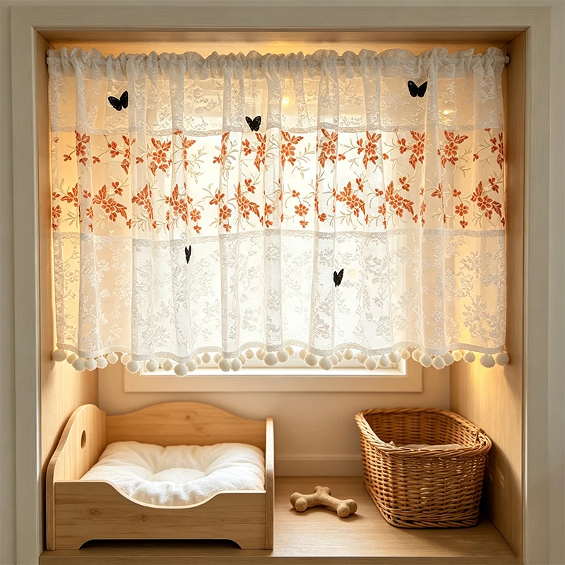 1pc Rustic Cottage Spliced Cafe Sheer Curtain, Red Hydrangea Embroidery, 3D Black Butterfly Decor & Pom‑pom Tassel