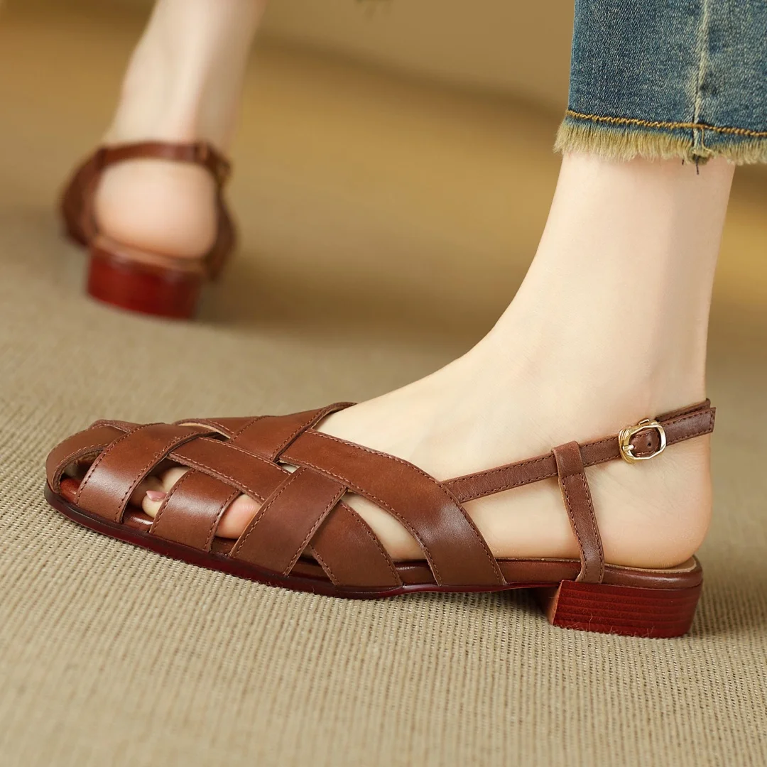 

Women's narrow band cow leather braided round toe slingback flats sandals high quality soft comfortable casual summer daily shoe
