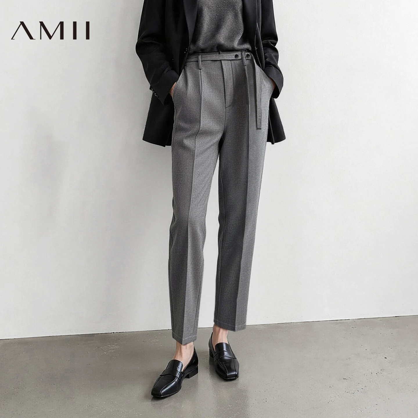 Amii Women Winter Pants Tapered Ankle Length Trousers Detachable Belt Sli Commuter Office Versatile Pants for Women 12624069