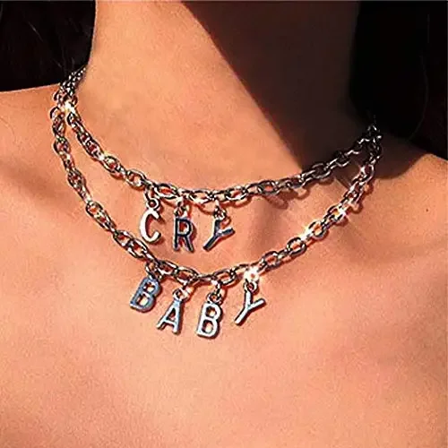 2024 Trendy Silver Double Layer O Chain Necklace CRY BABY Choker Necklace Letter Pendant Necklace for Women Ladies Jewelry Gift