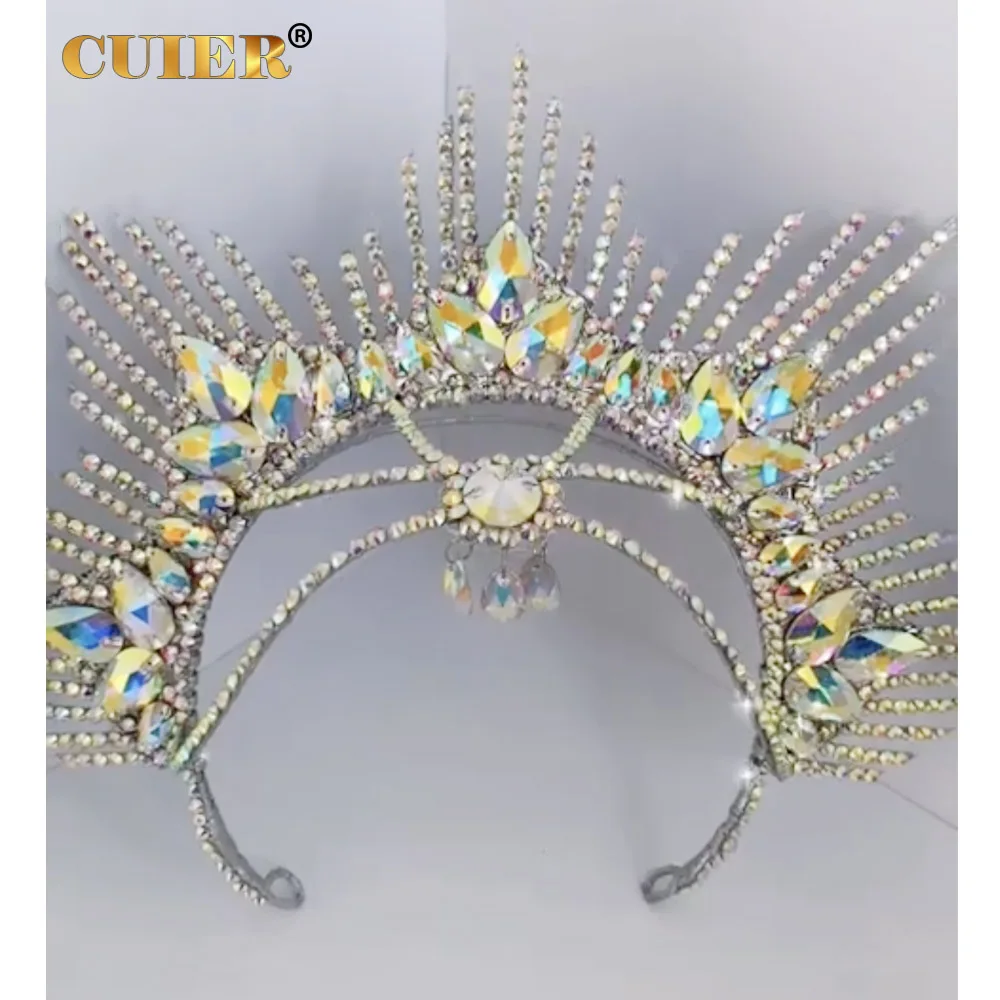 قبعة كريستال مبالغ فيها من CUIER لعرض الأزياء للفتيات على شكل رأس المسرح لتزيين الشعر والمجوهرات للنساء وإكسسوارات ملكة السحب