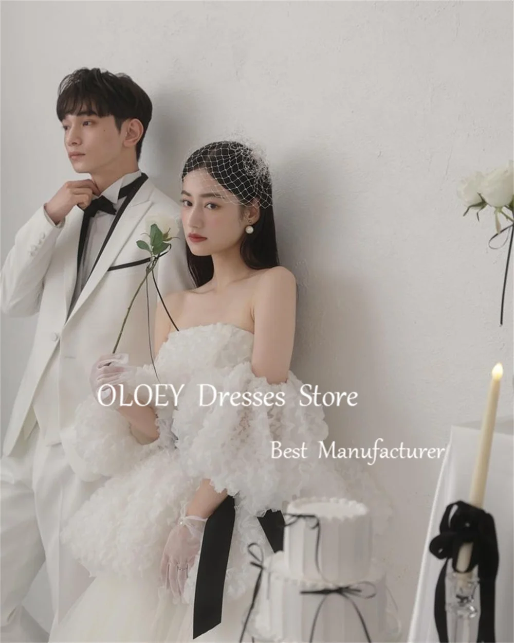 OLOEY Elegant Ivory Strapless A Line Wedding Dress Detachable Sleeves Japan Korea Photoshoot Floor Length Bridal Gown Customized