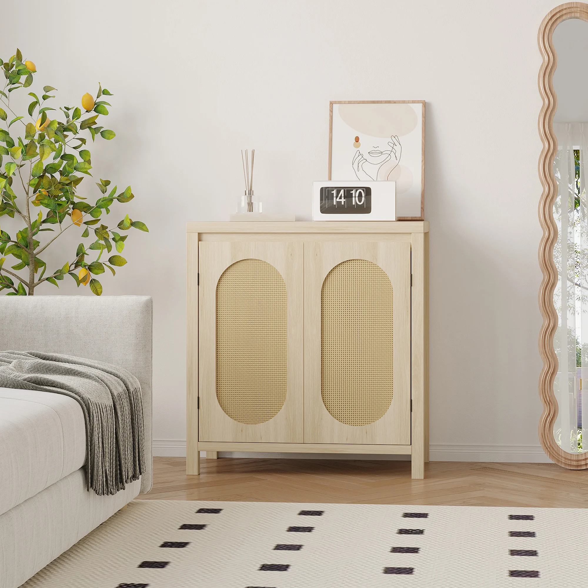 Modern Storage Cabinet - Accent Rattan Storage Cabinet, Adjustable Shelf, Door, Boho Small Console Cabinet, Storage for Living Room and Dining Room