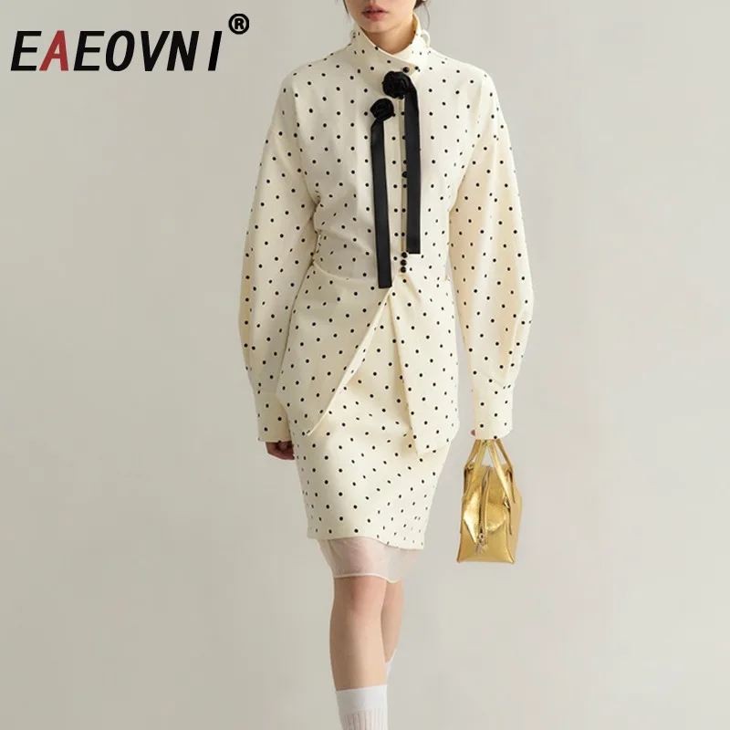 

EAEOVNI модный женский комплект из 2 предметов в горошек, дизайнерская рубашка со складками сзади + мини-тонкая юбка, повседневная женская новая одежда 2025 года