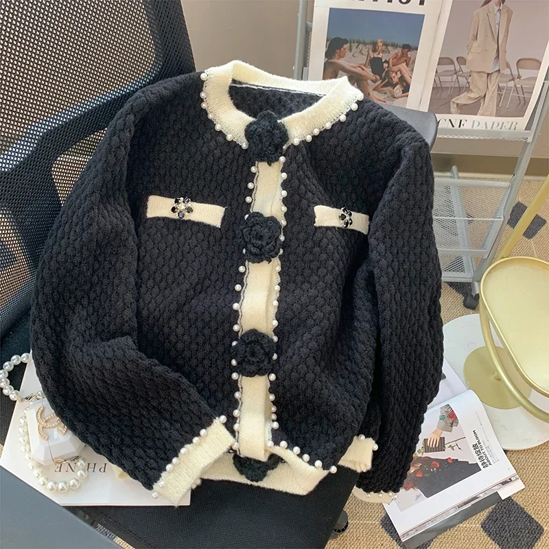 Кардиган женский, свитера с круглым вырезом и пуговицами из бисера, корейский стиль, контрастный цвет, с длинным рукавом, осенняя элегантная мода, темперамент