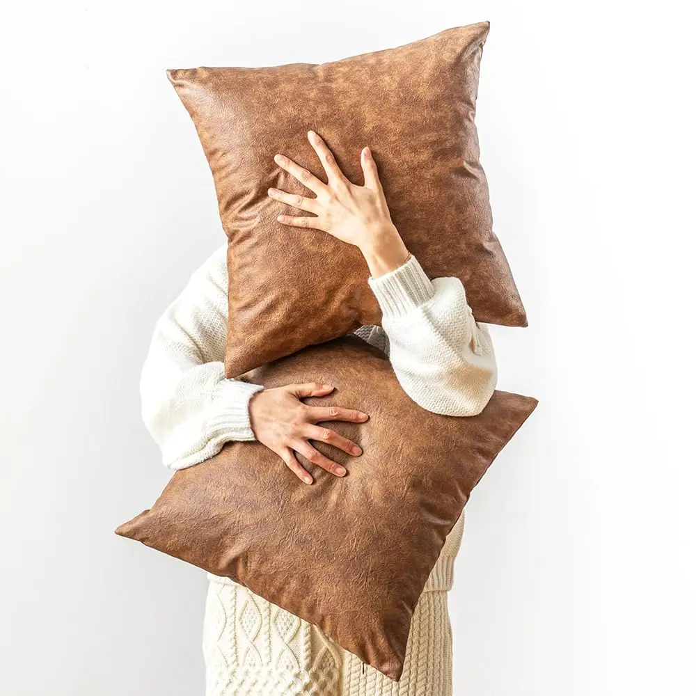

Pa Of 2 Leather Throw Pillow Covers, Modern Boho Decorative Cognac Thickened Abrasion Luxury Floor Cushion Cover, For Home
