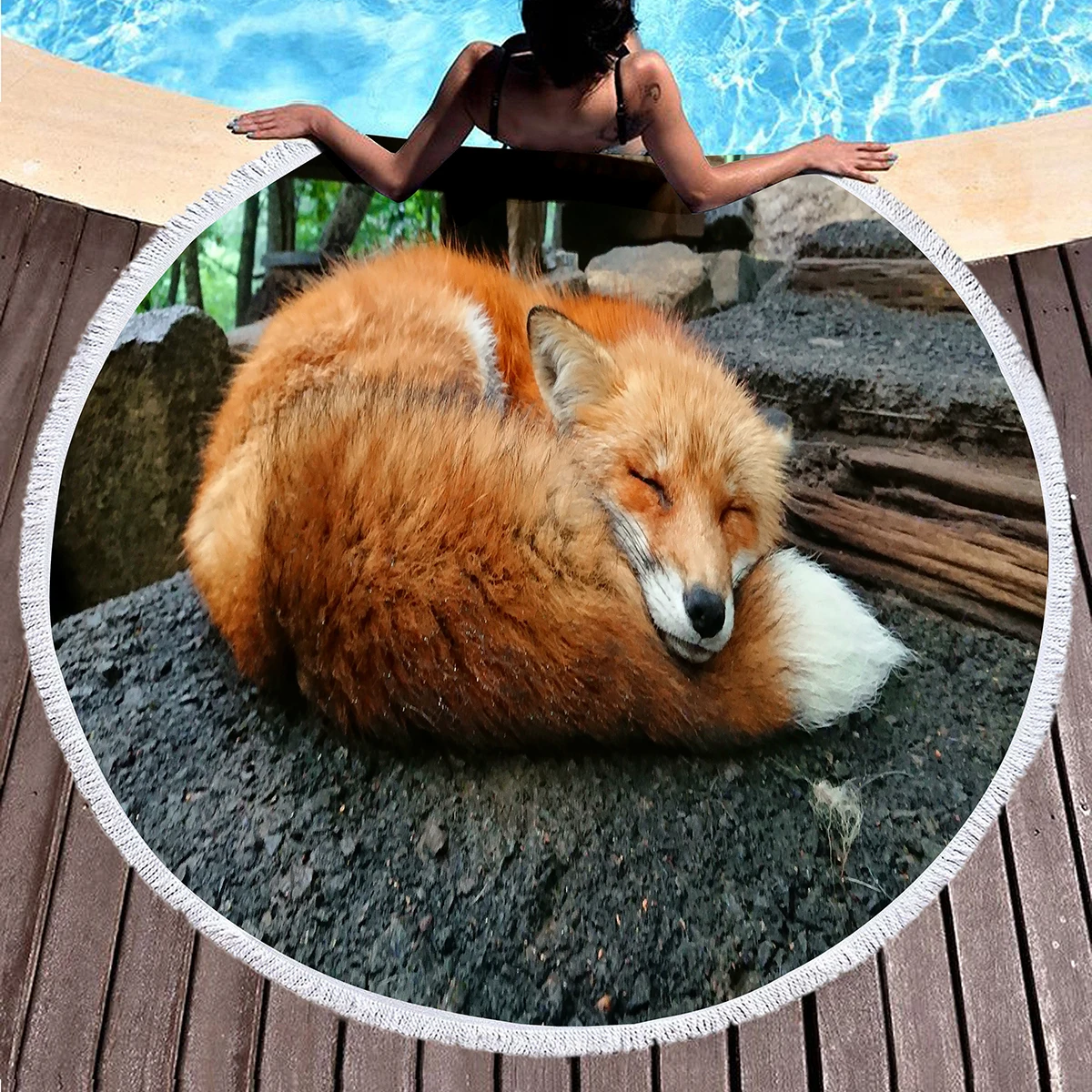 Kawaii الثعلب منشفة الشاطئ المستديرة ، بطانية شاطئ مطبوعة على شكل حيوانات برية ، لينة الغابات الحيوان تحت عنوان ريفي الثعلب طباعة بركة منشفة سجادة للرحلات #2