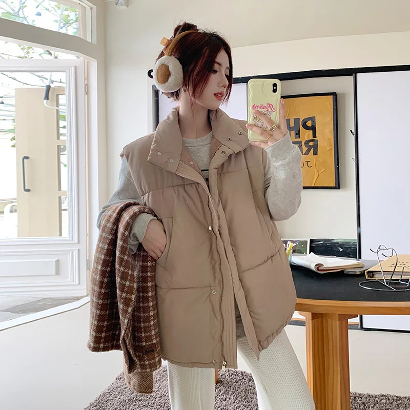

Autumn Winter Women Streetwear Loose Vest Fashion Button Zipper Elegant Women Sleeveless Solid Color Korean Vest for Women