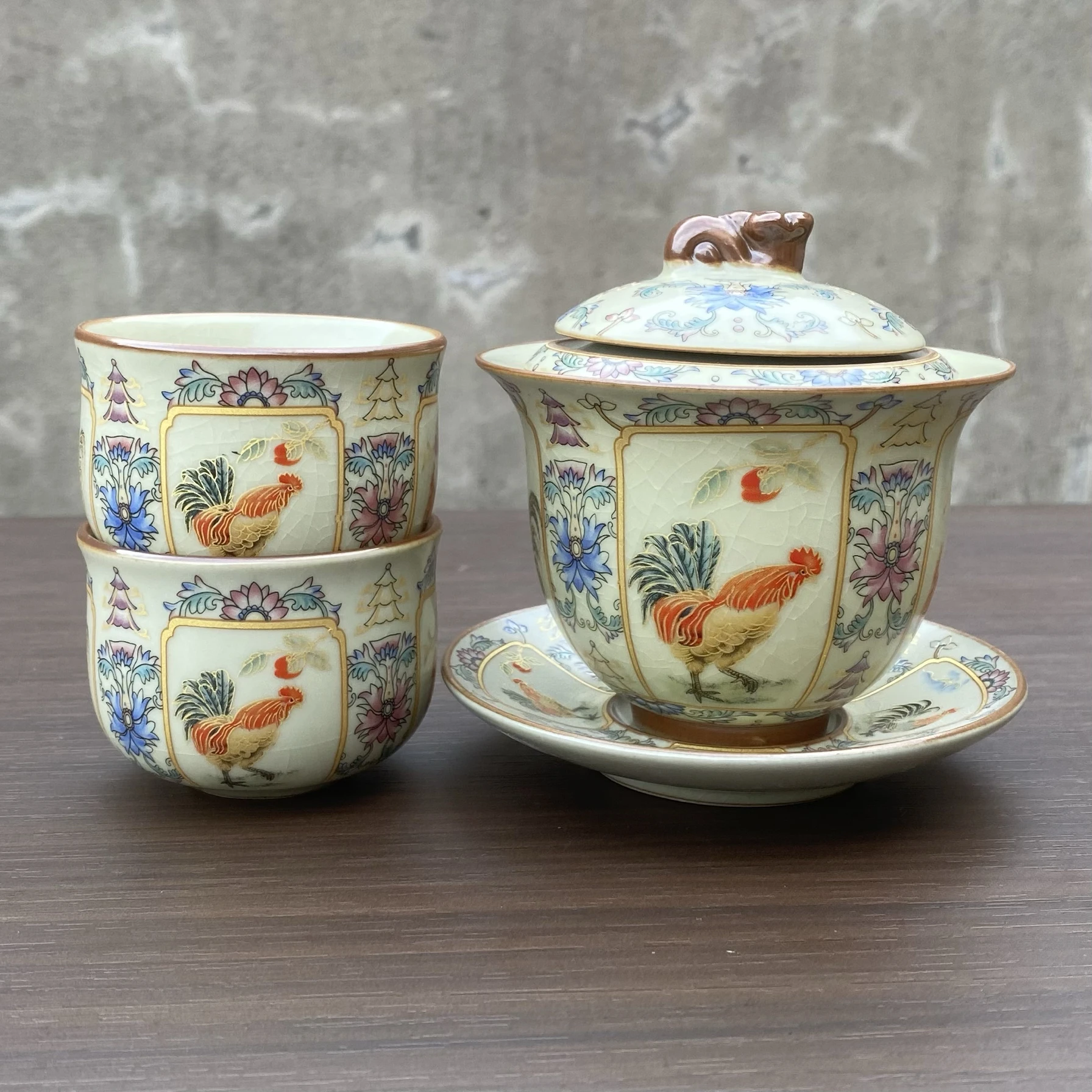 Handmade Lucky Good Luck Comes Ru Ware Ruyi Gaiwan Ceramic Tea Bowl Gracked Glaze Supportable Teacup with Lid