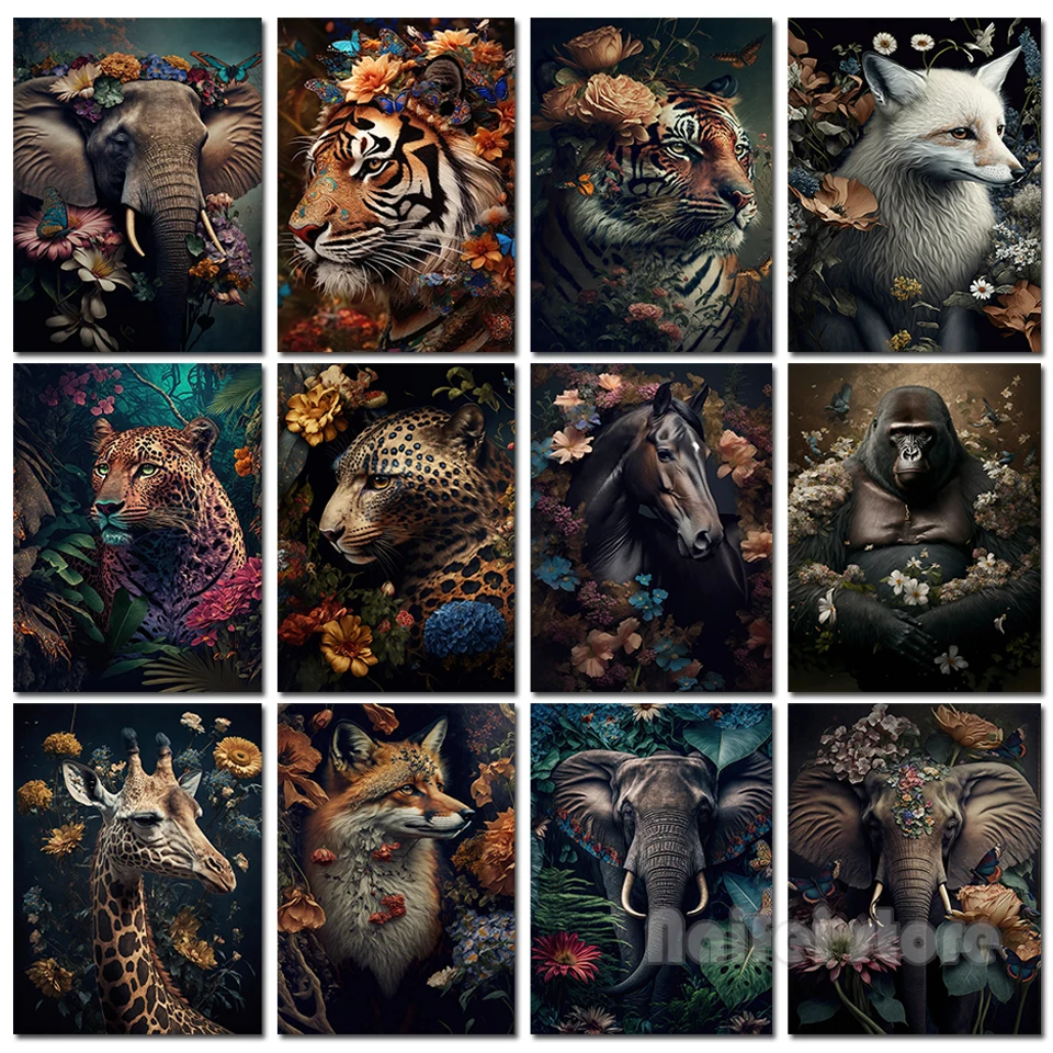 Tropical Plant Animals Diy Diamond Painting Tiger Wolf Elephant  Art Decor For Living Room Full Cross Stitch Kit Diamond Mosaic