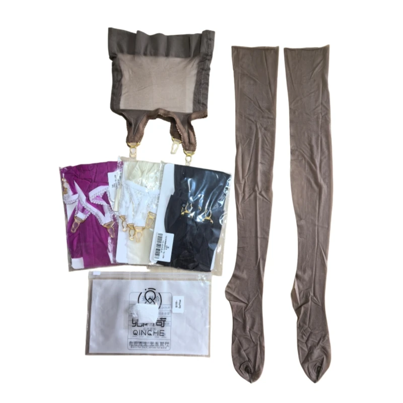 2-teiliges Set: Glänzende, dehnbare Nylon-Overknee-Strümpfe mit engem Minirock, sexy, ultradünner, transparenter Strumpfhalter für Damen.