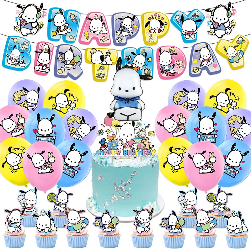 Pochaccoed Kawaii White Puppy Girl Boy Children Birthday 12in 16Pcs Latex Ballons Party Supplies Banner Flag Cake Topper Decor