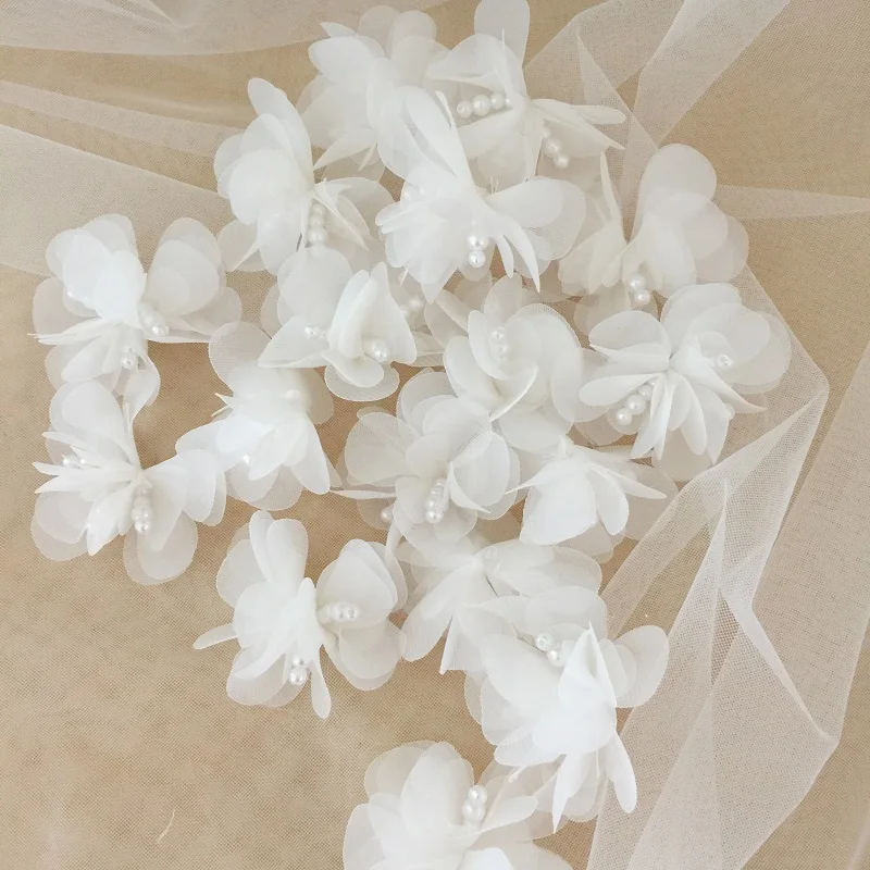 10PCS HOT 3D Pearl Flower Chiffon Patches DIY Sewing Applique Cloth Dress Wedding Hairpin Headdress Decor