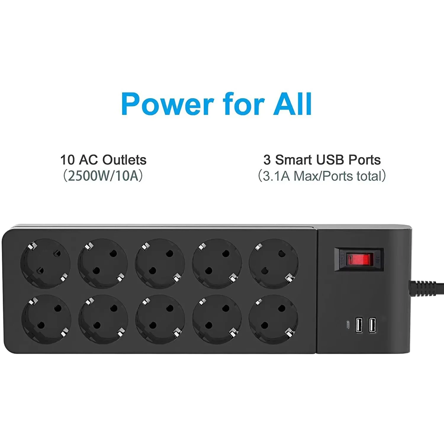 Melery Power Strip Multiple Socket 10 Way Slots Plug Electrical Outlets USB Charge Ports EU Switch 2m Extension Cord Home Office