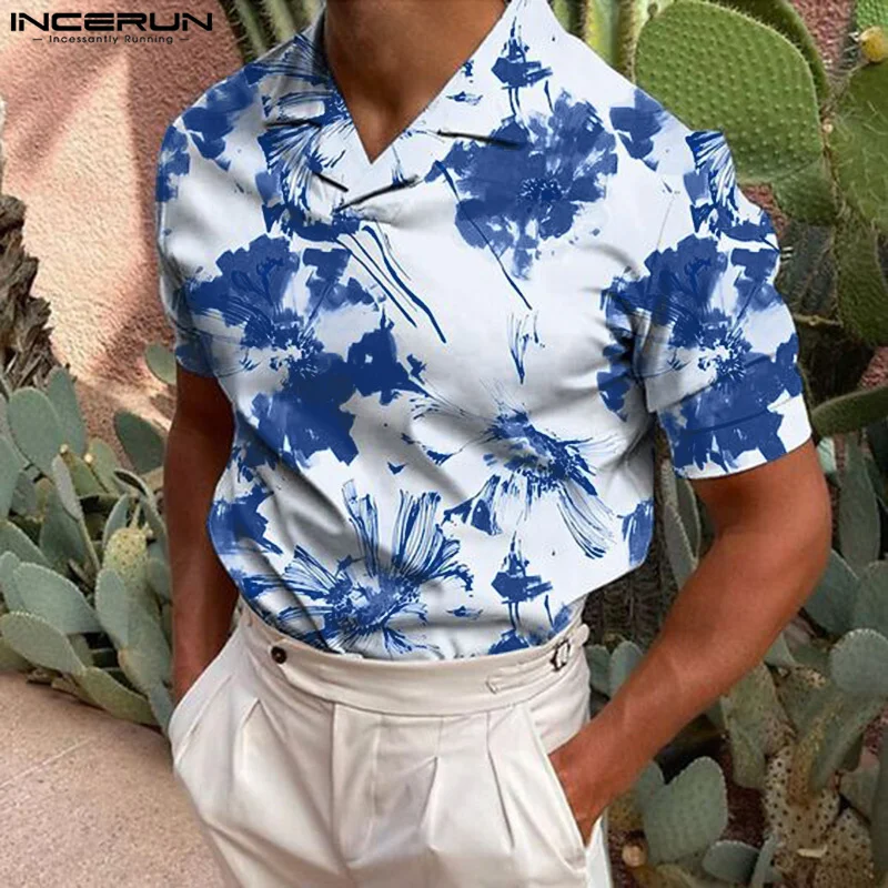 

2024 INCERUN Summer Tops Men Shirts Fashion Lapel Short Sleeve Tee Chemise Men Clothing Streetwear Floral Print Shirt S-5XL