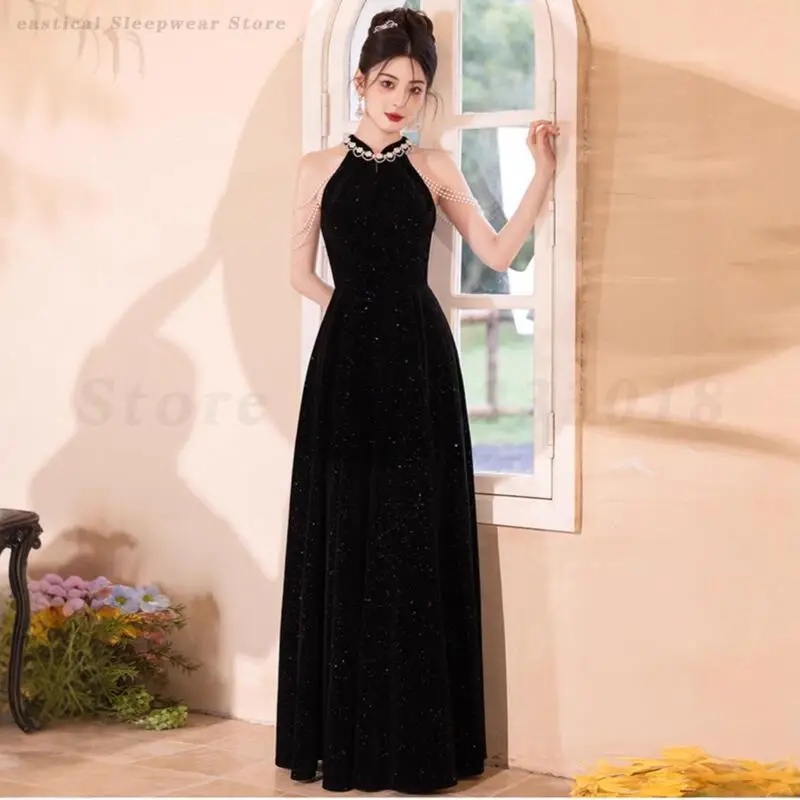 

Черное сексуальное платье с подвесным вырезом, элегантное вечернее платье для банкета и вечеринки, роскошное французское платье принцессы, большой размер 3XL, Cheongsam трапециевидной формы