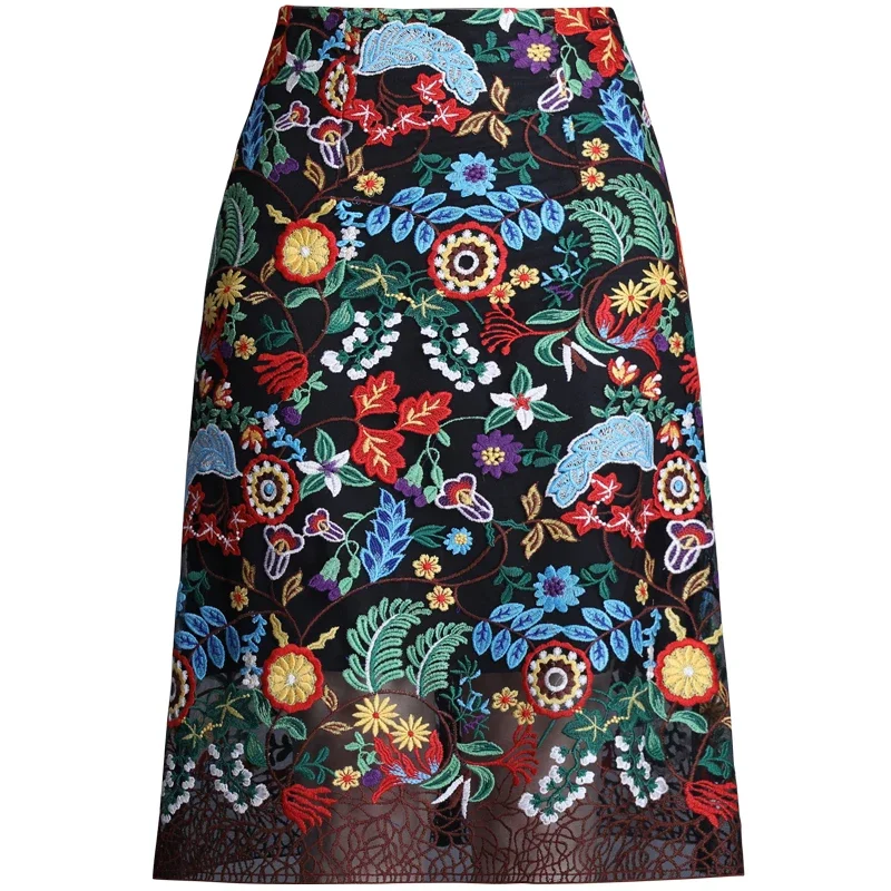 Vintage Embroidery Lace Skirt Womens 2025 Spring High-waisted A-line Skirt Mid-length Bag Hip One-step Skirt Faldas Mujer Moda