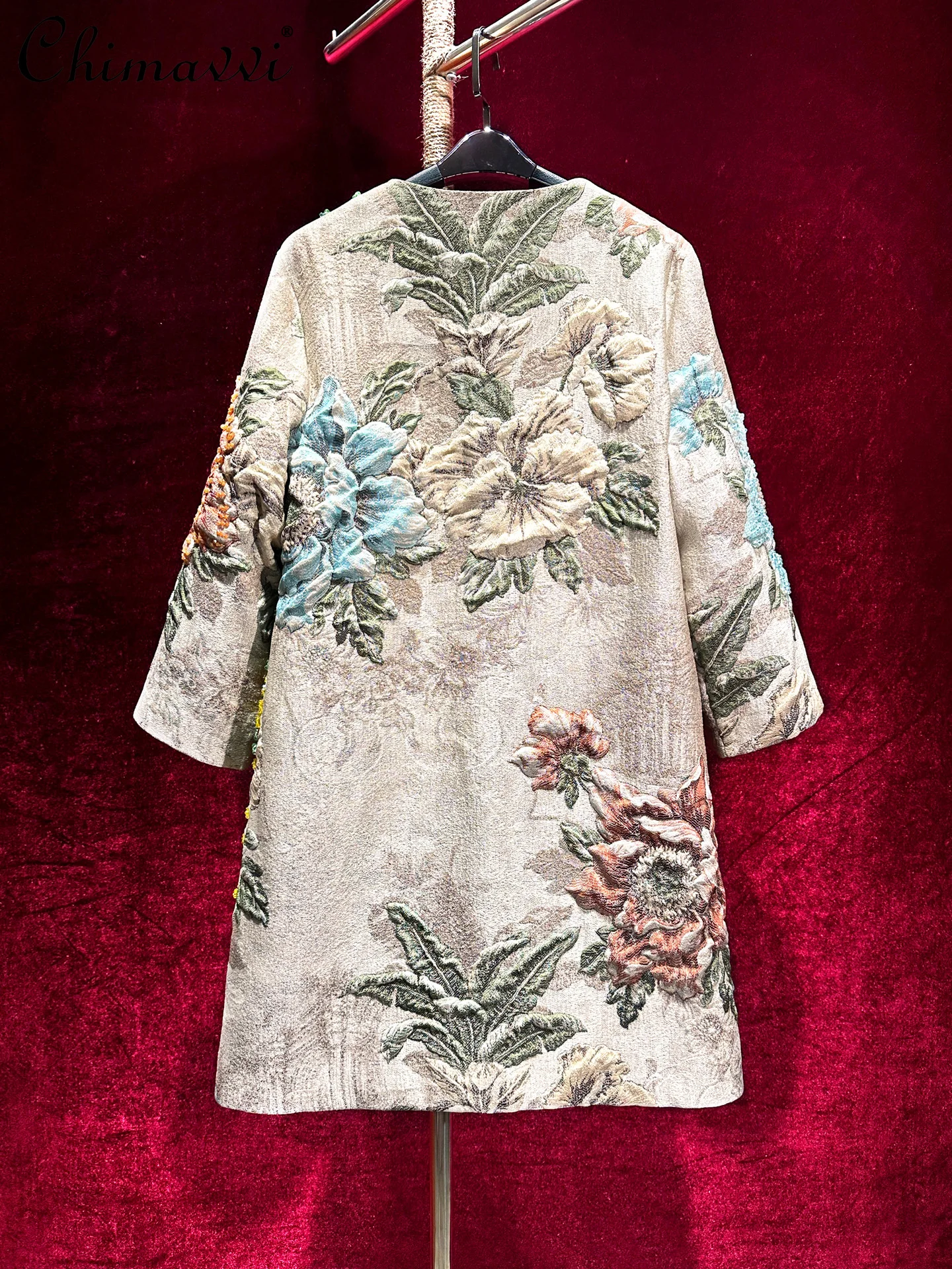 무거운 비즈 장식 자카드 중간 길이 코트 가을 겨울 신상 고급 패션 라운드 넥 루즈 우아한 레트로 트렌치 코트