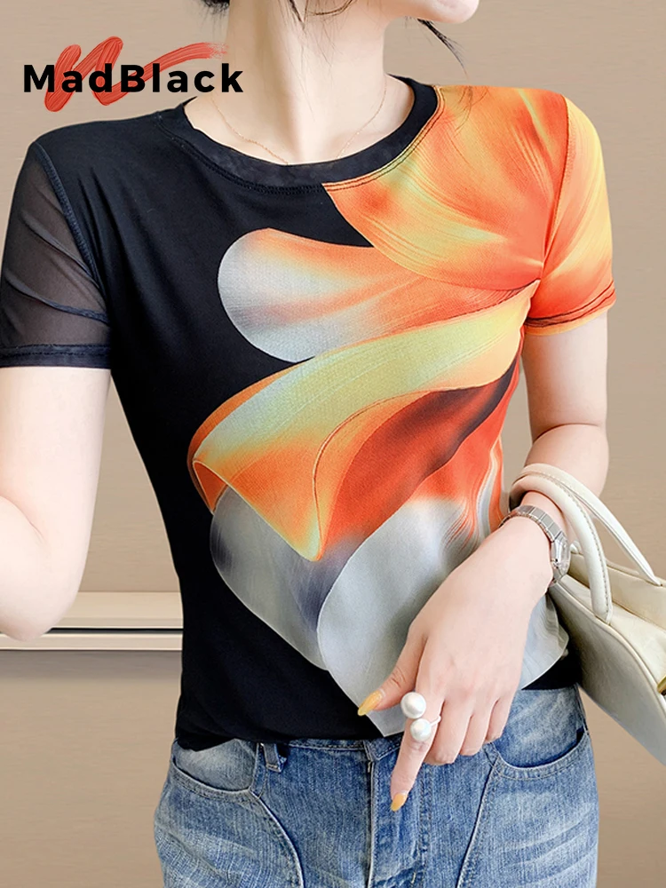 

MadBlack-женская европейская футболка, сексуальный круглый вырез с геометрическим принтом, модная тонкая трикотажная футболка S-3XL с короткими рукавами, лето 2023 T56042CC