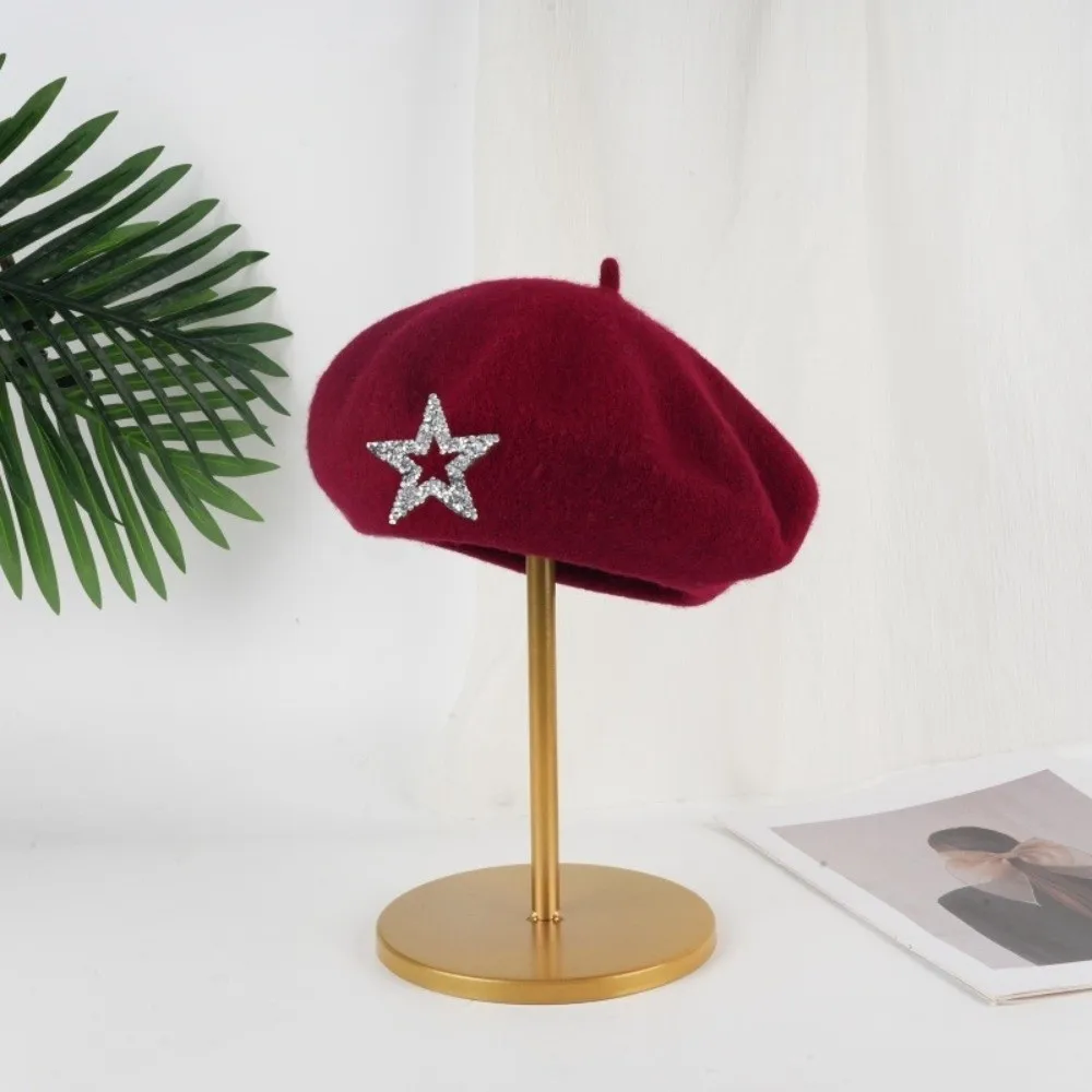Streetwear Five-Pointed Star Wool Beret Solid Color Soft Knitted Painter Hat Rhinestone Decor Warm Beanie Cap Daily Outfit