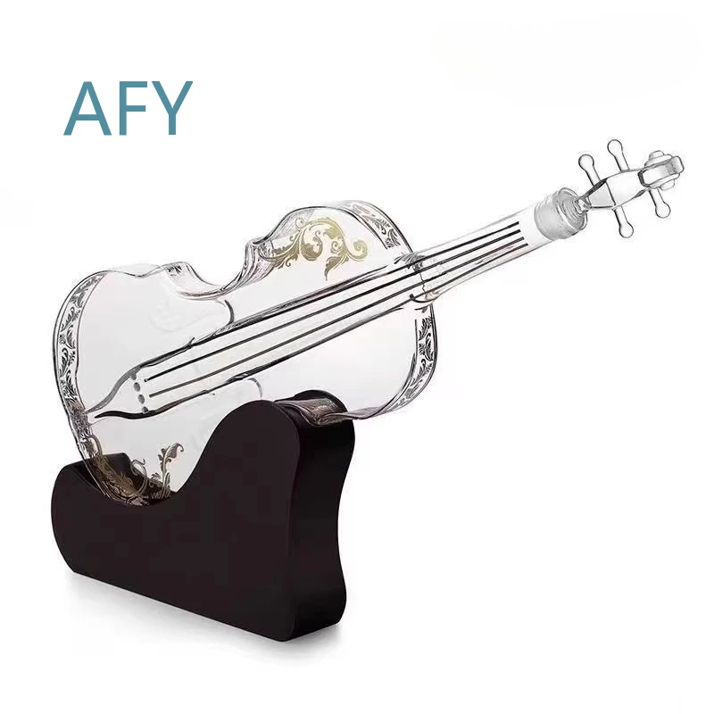 Violin Shaped Decanter for Red Wine Baijiu Empty Bottle Thickened Glass Bottle with Wooden Frame Wine Decanter Set Bar