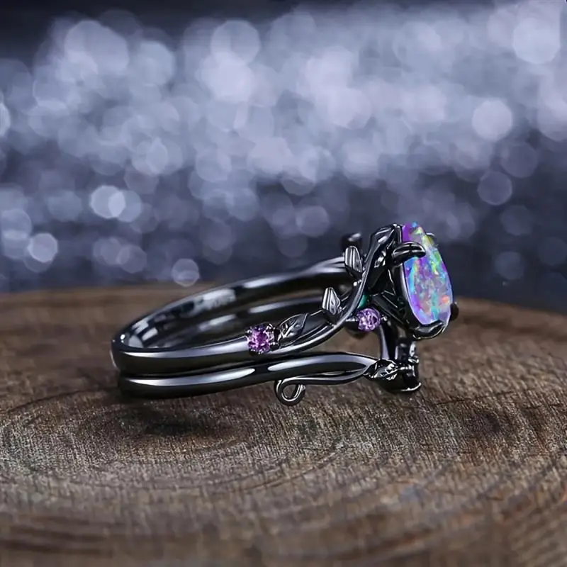 Huitan Spezieller schwarzer 2-teiliger Ring für Damen, Weinblatt-Design, frischer lila Opal, Accessoires, Party, Hochzeit, Schmuck mit eingelegtem CZ – Detail 4