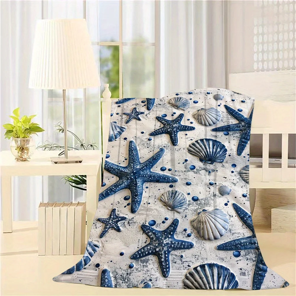 1pc Nautical Starfish and Shell Pattern Blanket, Machine Washable, Polyester Fabric, Suitable for Bedroom Living Room Sofa