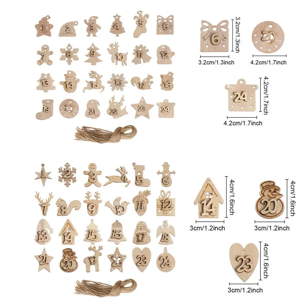 24 pz/set calendari dell'avvento di natale ciondolo in legno numero etichetta conto alla rovescia sacchetti regalo fai da te pacchetto di biscotti Decor cartellini appesi