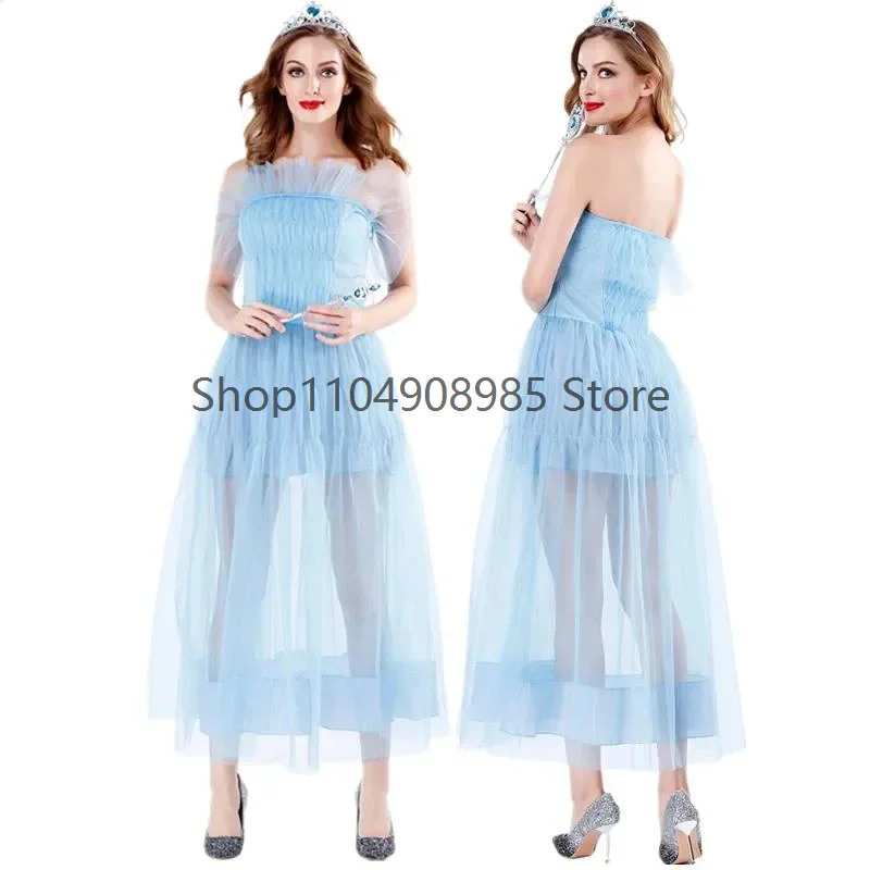 

2025 Adult Blue Fairy Tale Princess Costume Halloween Party Cosplay Cinderella Snow White Princess Belle Stage Performance Dress