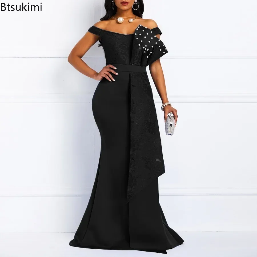 2025 Luxury Dresses Women Designers Beaded Off Shoulder Mermaid Skinny Prom Floor Length Evening Dinner Wedding Party Maxi Dress