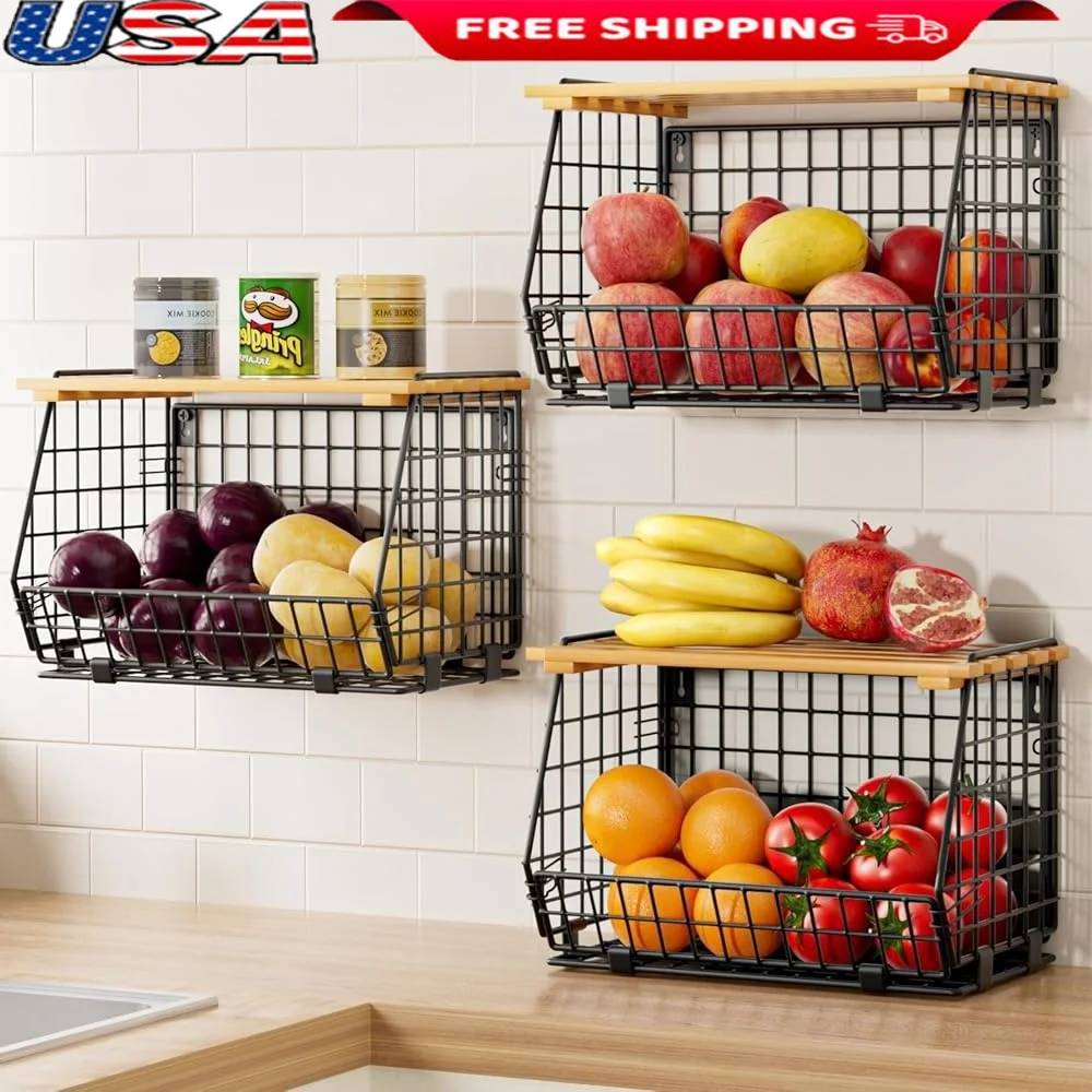 

Настенная корзина с фруктами, кухонные подвесные корзины для хранения, органайзер для кладовой, овощей, картофеля, лука для хранения, 3 упаковки, углеродистая сталь