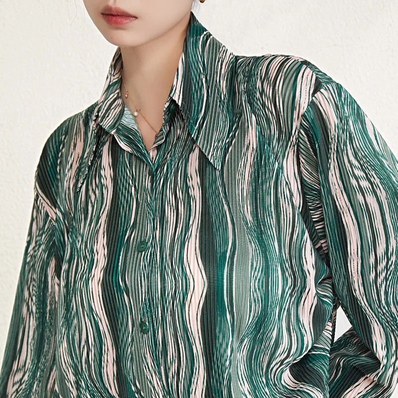 2025 New Women Miyake Design Striped Shirt Casual Style Loose Pleated Top Woman Casual Blouse