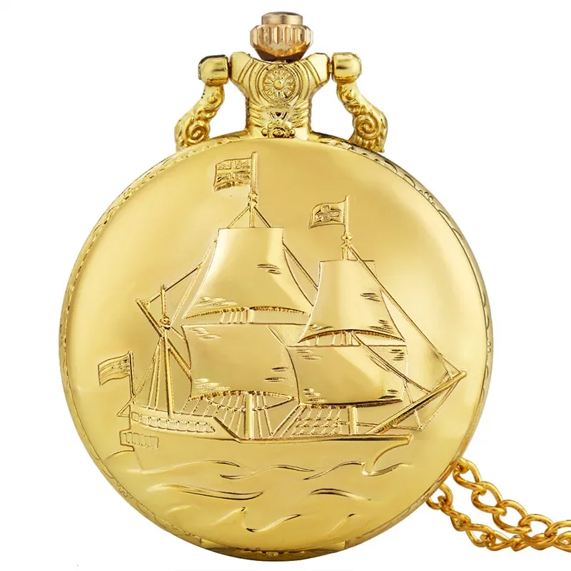 Reloj de bolsillo analógico de cuarzo para hombre y mujer, barco de lona de vela de oro amarillo de lujo, cadena con colgante de collar con números arábigos de cazador completo