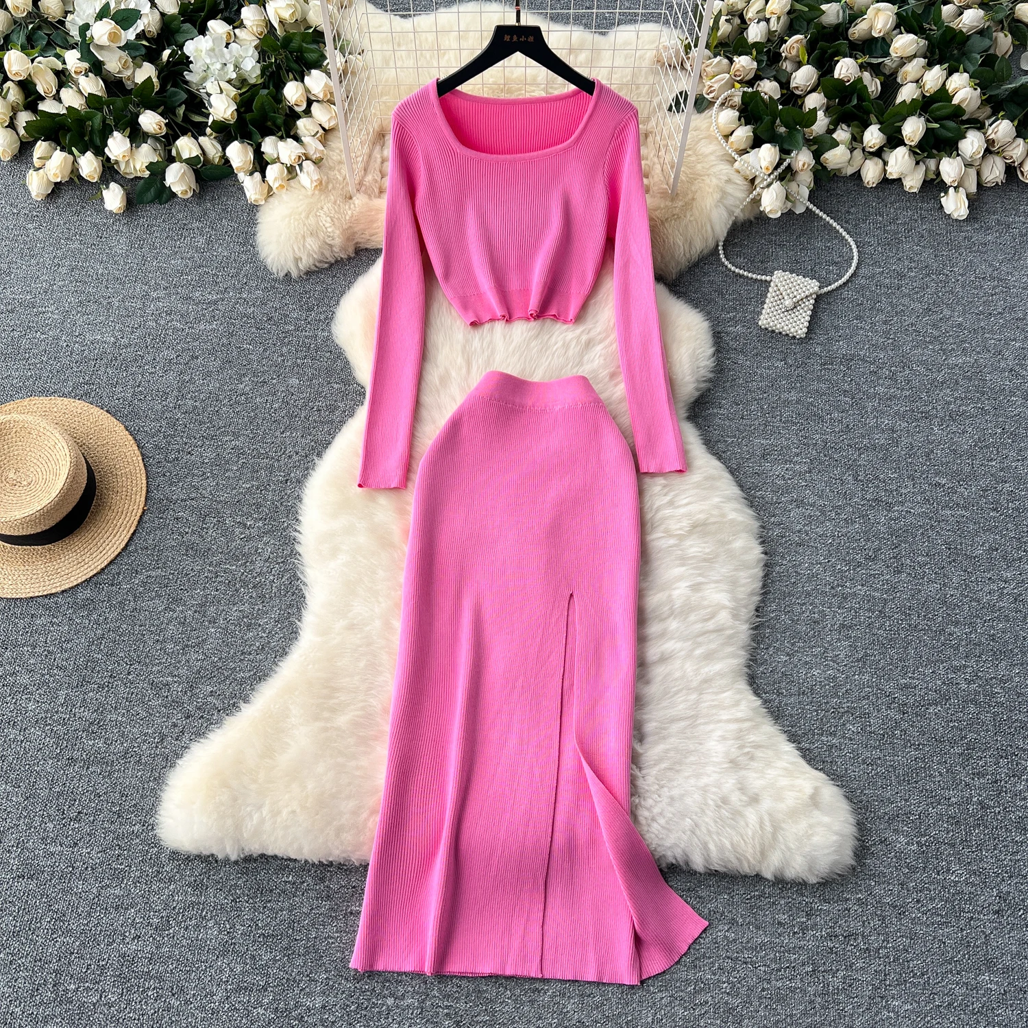 

ALPHALMODA 2025, новый осенний одинаковый костюм-свитер, короткий, квадратный воротник, длинный рукав, свитер, юбка с разрезом на бедрах, комплект из 2 предметов