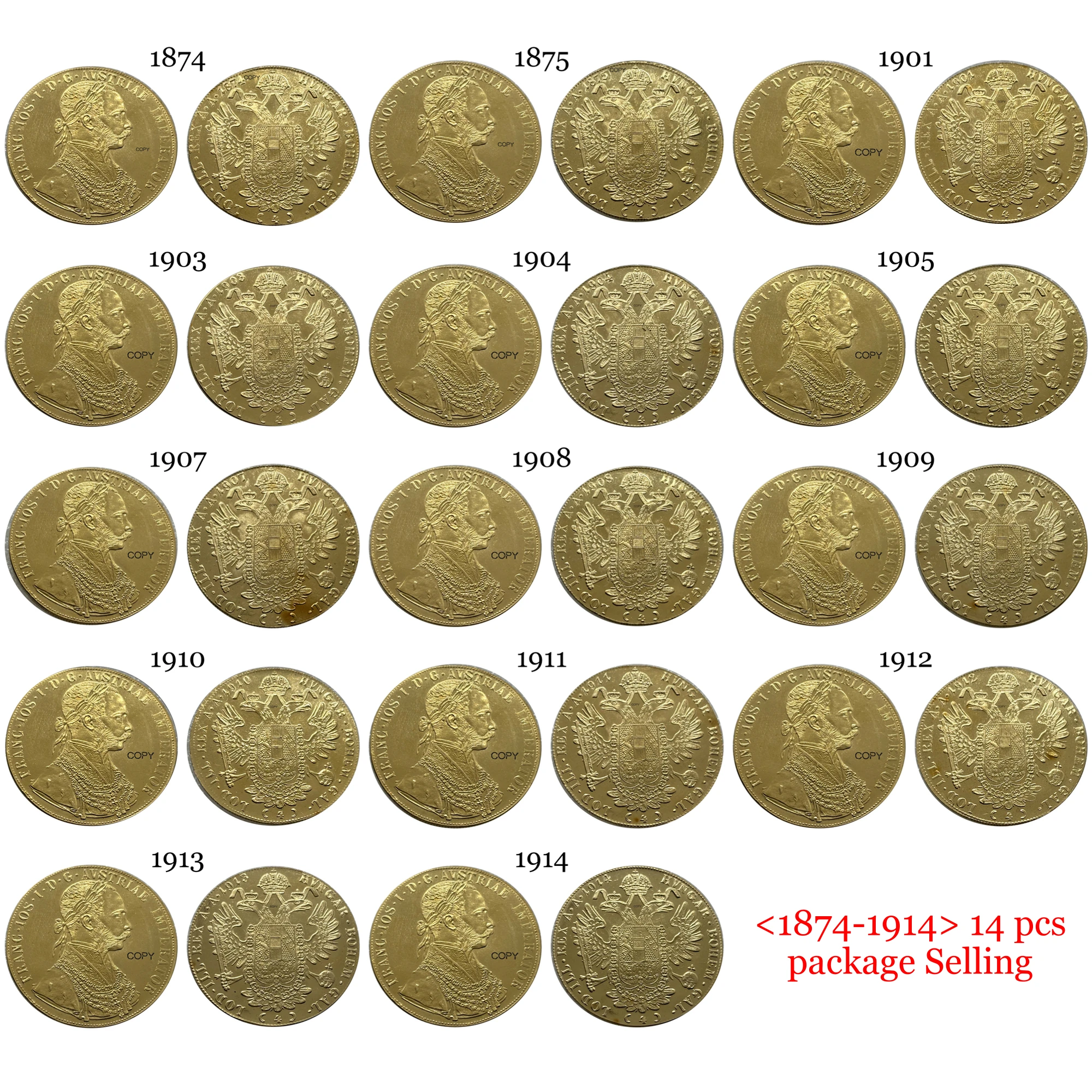 

Austrian Empire 1874 - 1914 14 Pcs 4 Ducats Francis Joseph I Austria Gold Brass Metal Copy Coin Ww2 Moneda Collectible Coins