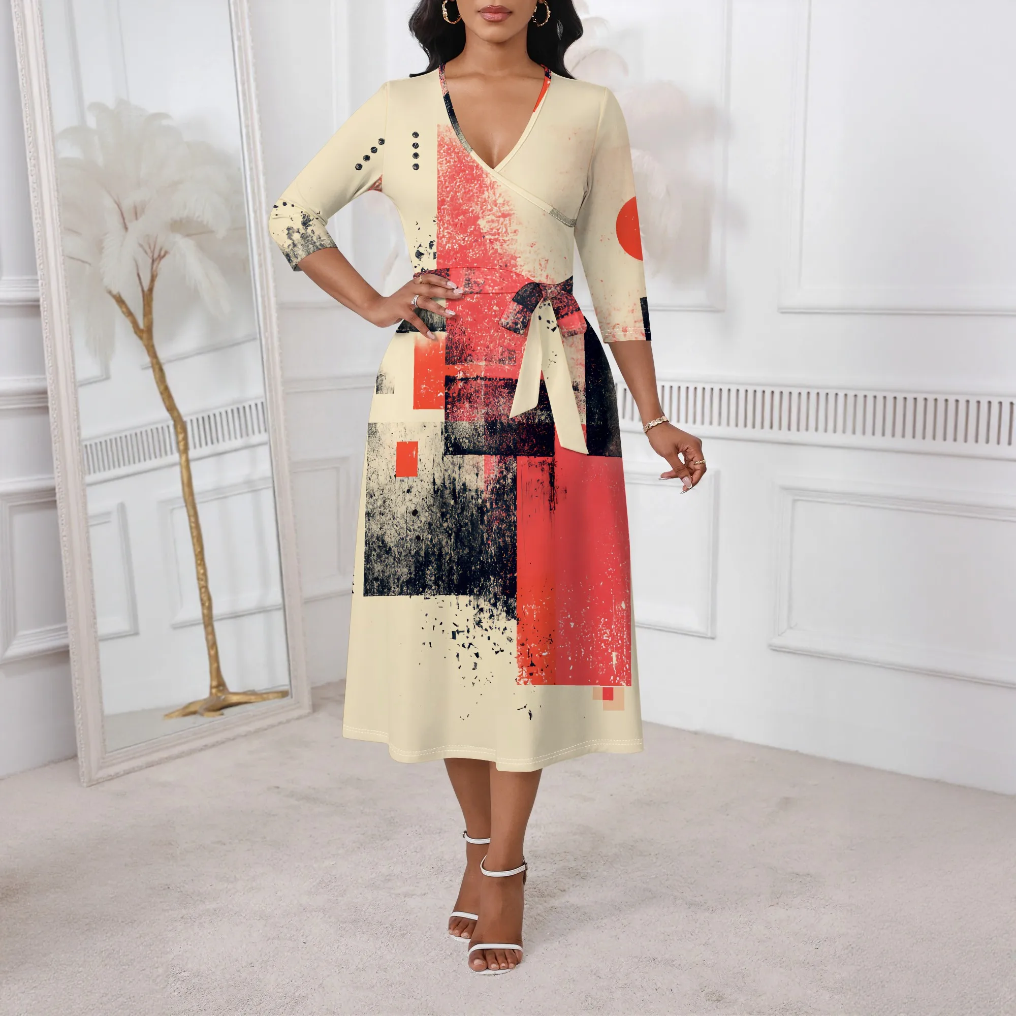 

Abstract Colorblock Wrap Dress for Women XS-3XL V-Neck 3/4 Sleeve Style for Art Show, Summer Streetwear or Creative Fashion Look