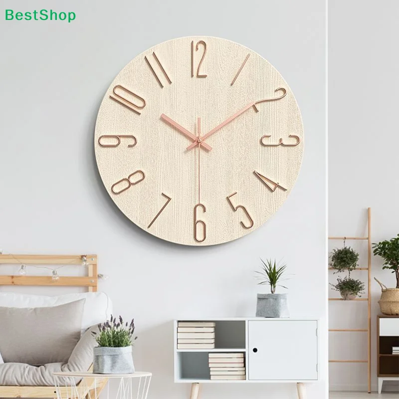 ☆Modern Light Wood Wall Clock - Large 3D Numerals, Quiet Movement, Ideal for Scandinavian Home Style