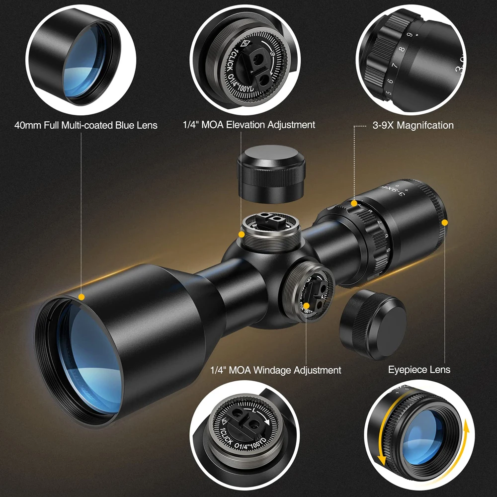 Imagem -05 - Compacto Rifle Scope Caça Riflescope Escopo Óptico para Rifle de ar Óptica Caça Airsoft Sniper Escopos 11 20 mm Ferroviário 3-9x40