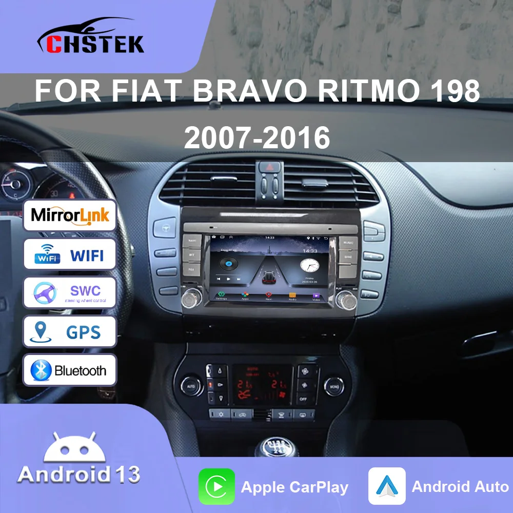Carplay inalámbrico Android Auto para Fiat Bravo Ritmo 198 2007 2008-2016 Radio de coche navegación WIFI Multimedia GPS Bluetooth CHSTEK