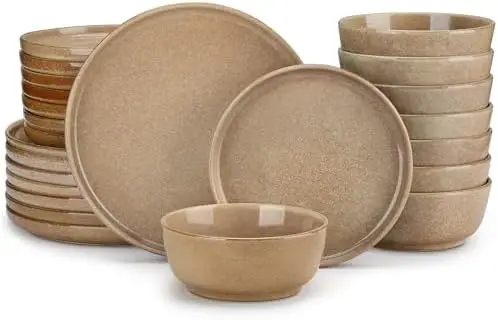 

vancasso ANYA 24-Pc Caramel Dinnerware Set for 8 – Reactive Glaze Ceramic Plates & Bowls, Microwave & Dishwasher Safe