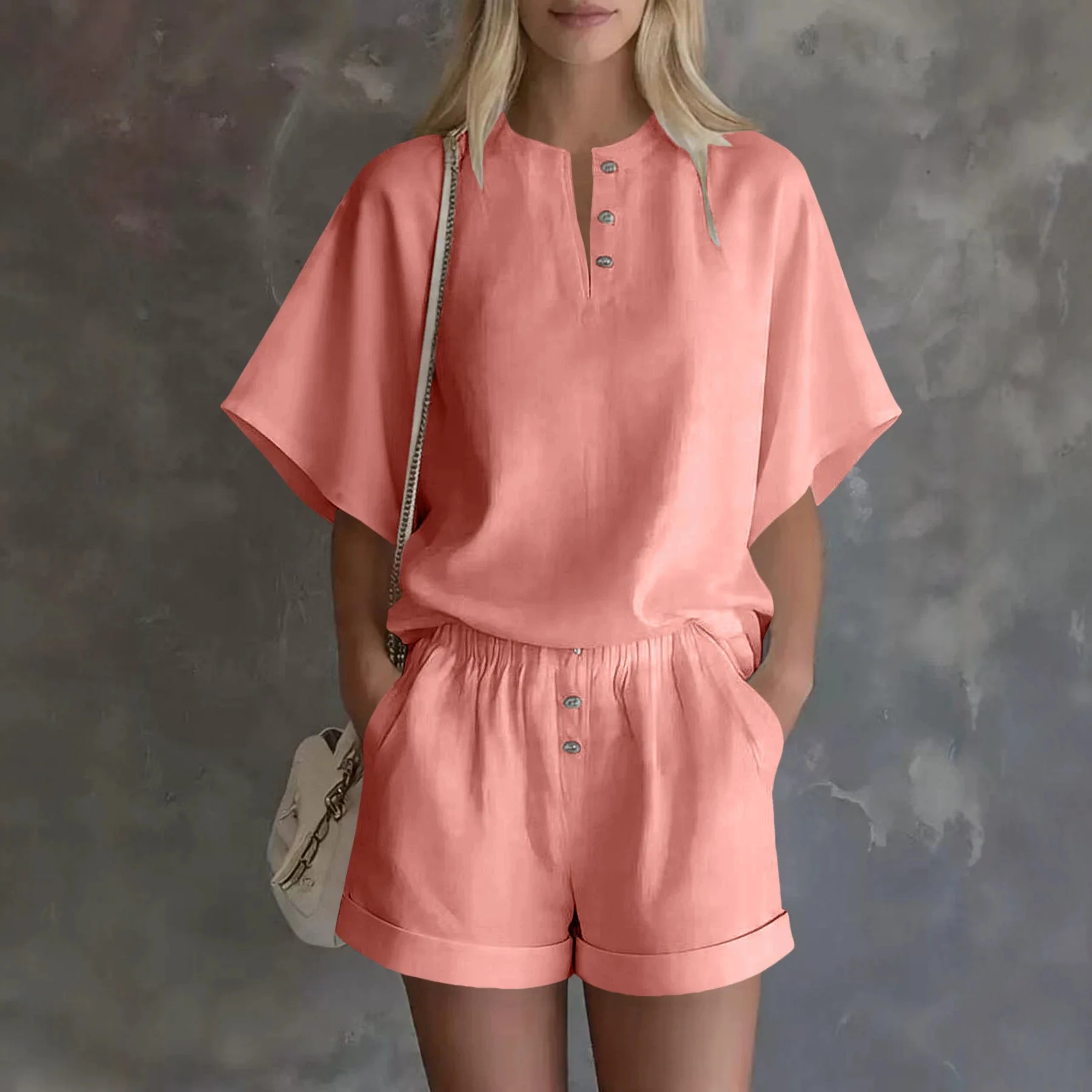 

2026 New Summer Shorts Set Solid Color Button V-neck Casual Loose Fashionable Comfortable Versatile Simple Daily Wear Shorts Set