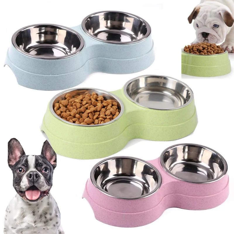

Double Bowls Stainless Steel Pet Feeder Dish Drinking Water Food Tray Cat Puppy Feeding Supplies 2024 New
